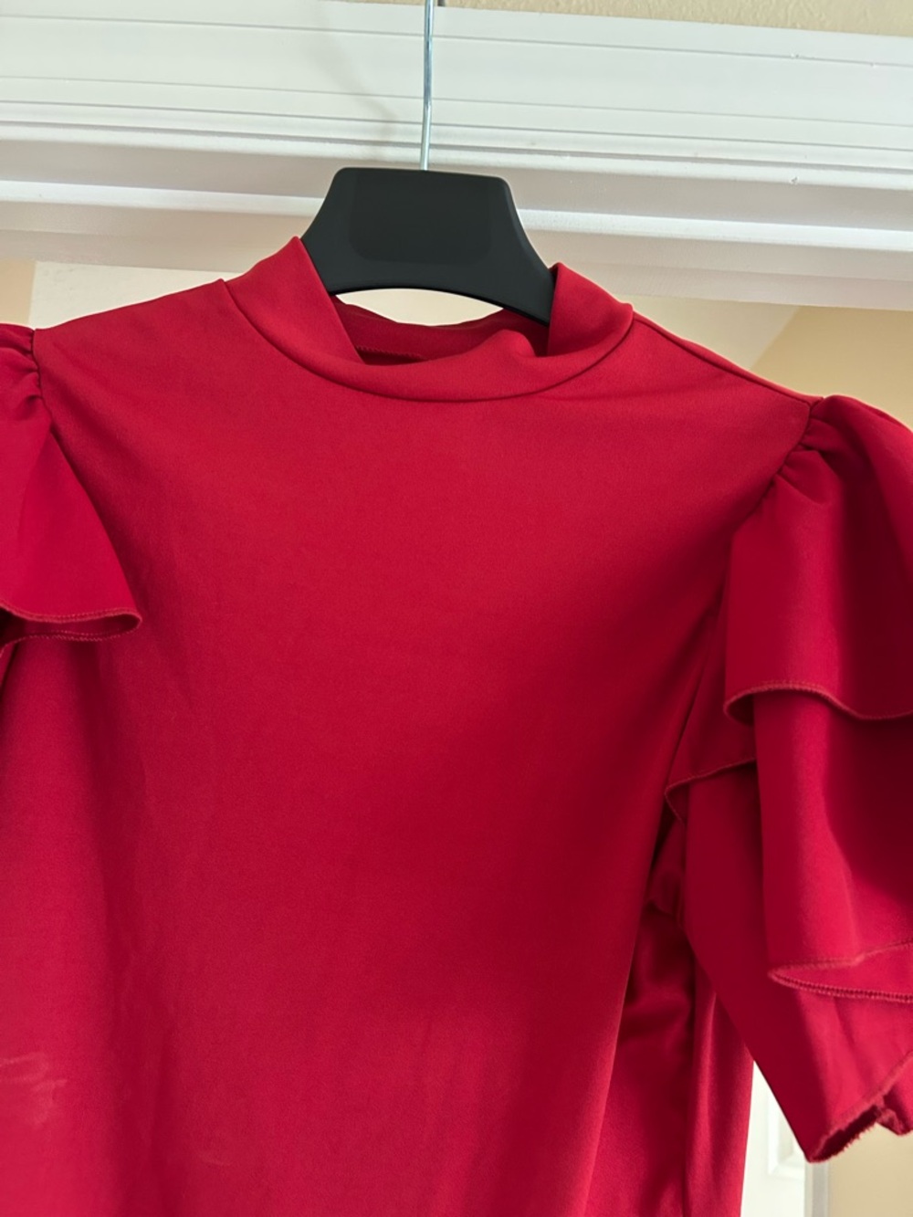 Ruffle Sleeve Red Size Medium High Neck Short Sleeve Bodysuit - Picture 3 of 5